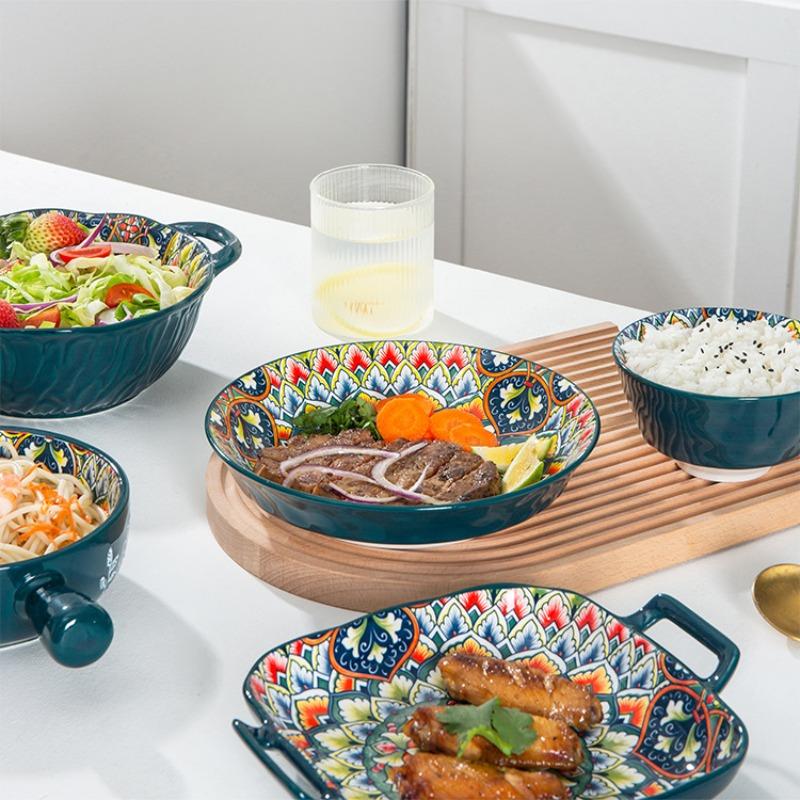 4-Piece Bohemian Ceramic Tableware Set, Hand-Drawn Ethnic Style Bowls and Plates, Creative Home Dining Essentials, Ceramic Dinnerware Sets, Non-Bone China