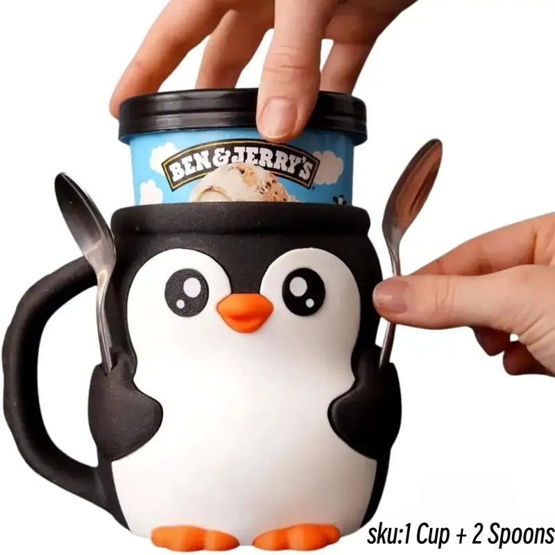 Adorable Highland Cow and Penguin Ice Cream Cup Holder, Two Sizes Available, Insulated Set with Spoons, Animal Theme Gift for Ice Cream Lovers
