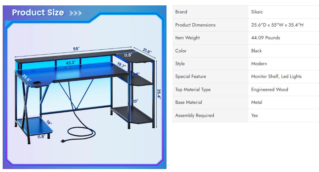 Sikaic 55 Inches Large PC Gaming Desk with LED Lights and Storage Shelves Monitor Stand Power Outlets Cup Holder Black Modern FathersDayGift Console Game