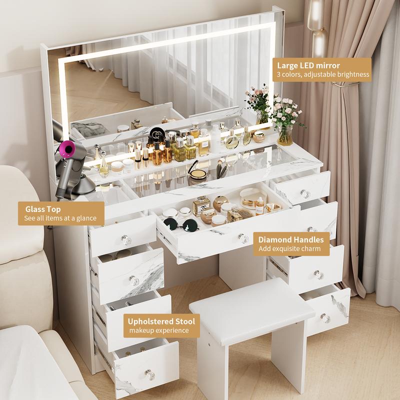 VOWNER Makeup Vanity Desk Table with Lighted Mirror,Power Outlet and 9 Drawers,Come with Soft Cushioned Stool