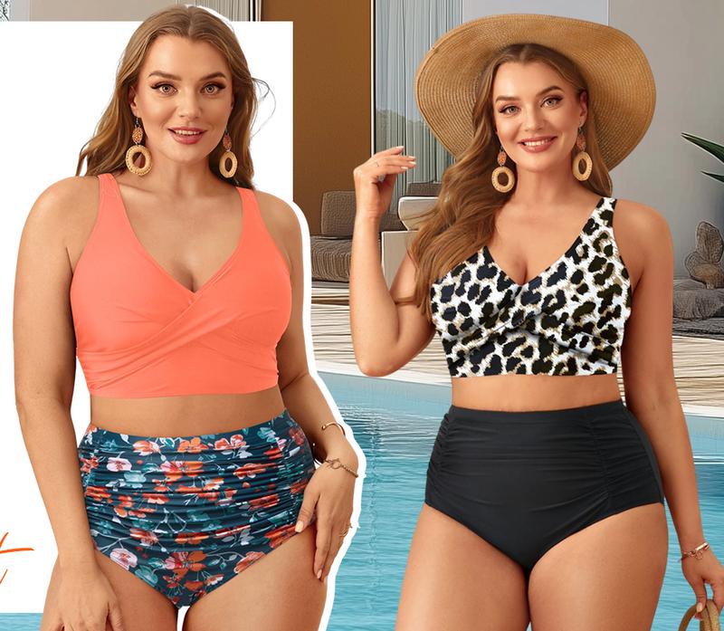 Aqua Eve Women Plus Size Two Piece Swimsuit High Waisted Bikini Set Tummy Control Bathing Suit