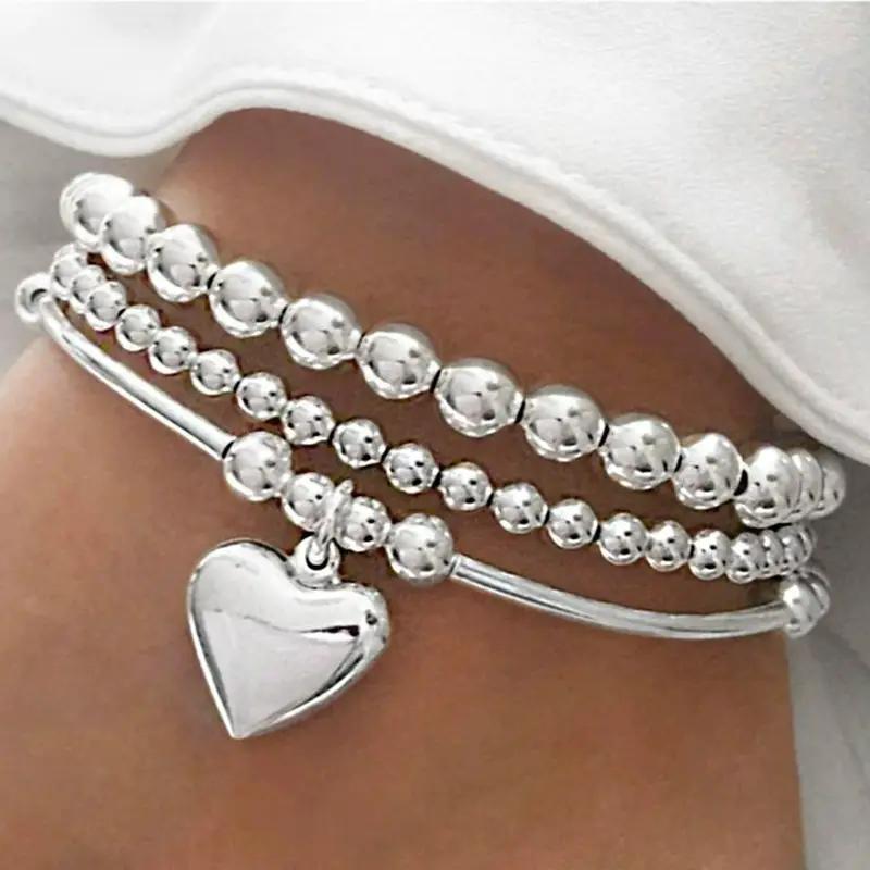 Fashion heart-shaped bead string 3-piece bracelet, versatile accessory for daily wear