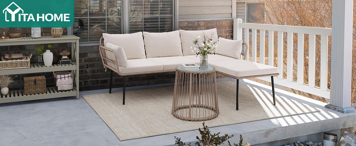 YITAHOME Patio Furniture Set, 3 Pieces Outdoor Wicker Rattan L-Shaped Sectional Sofa Set, Detachable Lounger with Cushions and Coffee Table for Backyard, Porch, Balcony - Beige
