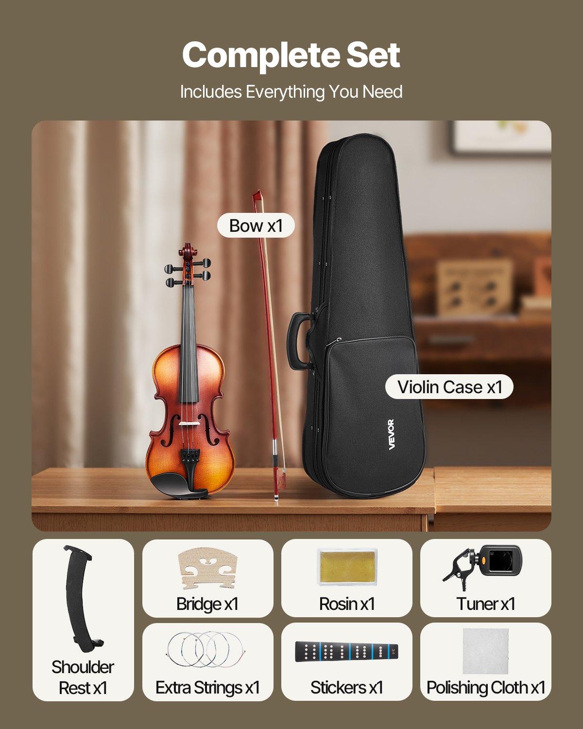 VEVOR 1/2 Size Solidwood Violin Full Kit, Professional Brown Musical Instrument for Beginners, Includes Hard Case, Rosin, Bow, Shoulder Rest, Bridge, Tuner, Extra Strings