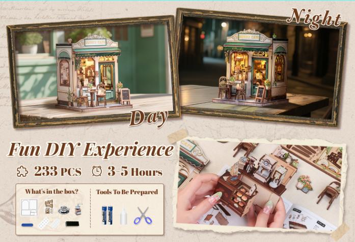 CUTEBEE DIY 3D Book Nook Kit Sunny Cafe – Miniature Wooden House with LED Light, Handmade Alley Bookshelf Decor for Adults | Holiday, Christmas and Black Friday Gift