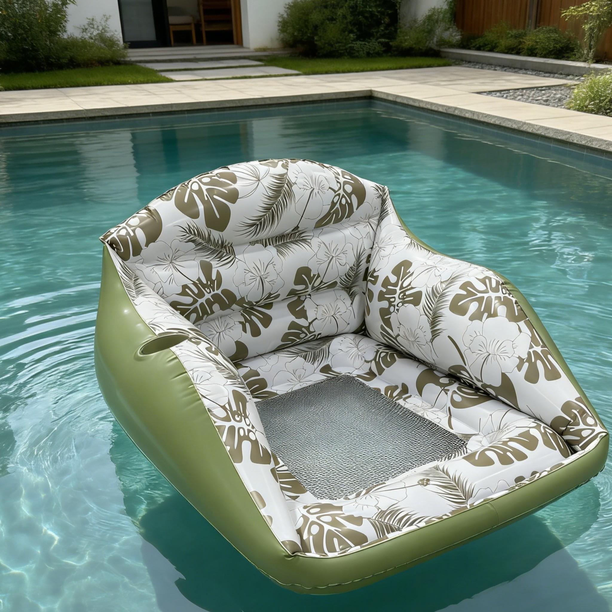 Adult Large Inflatable Water Sofa, Tropical Style Float Chair with Cup Holder, Pool Toy, Outdoor Use, 3-In-1 Inflatable Lounge