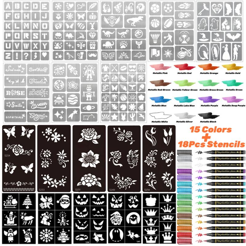 Temporary Tattoo Markers for Skin, 10/15/30-Count Body Markers 10/15/30 Colors Tattoo Pens, Tattoo Stencils,Flexible Brush Tip, Bright colors, Face Paint Kit Cosmetic Quality,Halloween makeup
