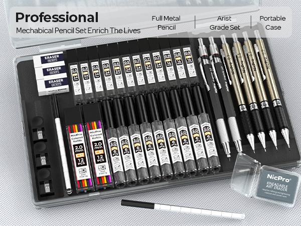 Nicpro 6 PACK Art Mechanical Pencil Set, 4PACK Metal Drafting Pencil 0.3mm, 0.5 mm, 0.7 mm, 0.9 mm & 2PACK 2mm Lead Holder (6B 4B 2B HB 2H 4H Colors) for Sketching Drawing with 23 Tube Lead Refills Case