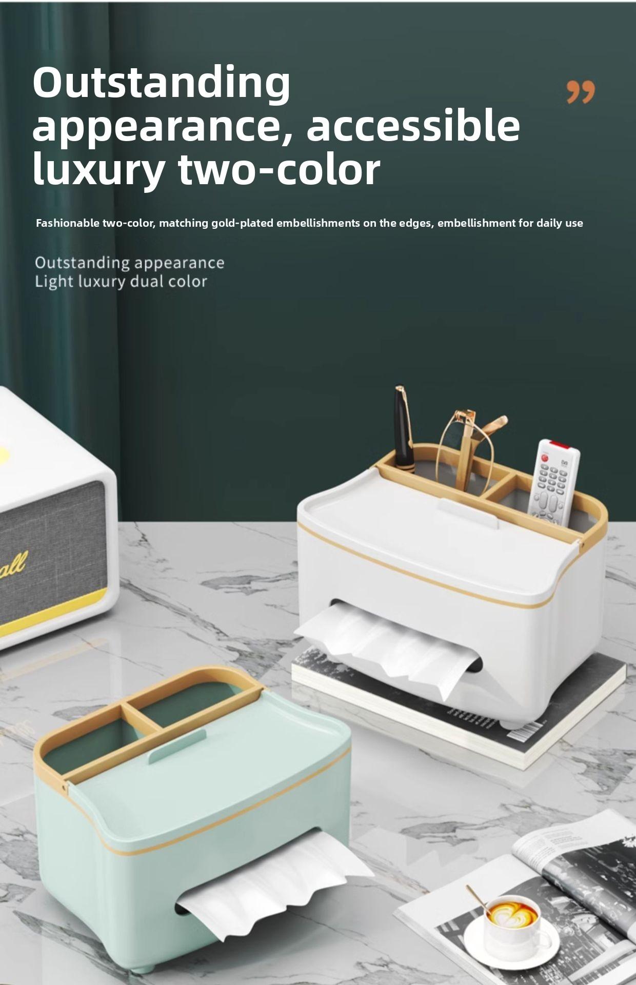 3-in-1 Remote Control Holder & Tissue Box, Tissue Dispenser with Storage Compartment, White/Mint Green - Plastic Coffee Table, Nightstand Centerpiece - Compatible with TV/Phone/DVD - Space-Saving Design, Office Organization & Storage