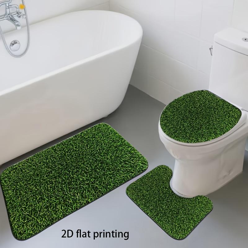 2D Flat, 2D Flat, 2D Flat Printing, 3pcs Lawn Grass Pattern Bathroom Mat And Carpet Set, Toilet Lid Mat, Toilet U-Shaped Pad, Fleece Material, Soft Surface