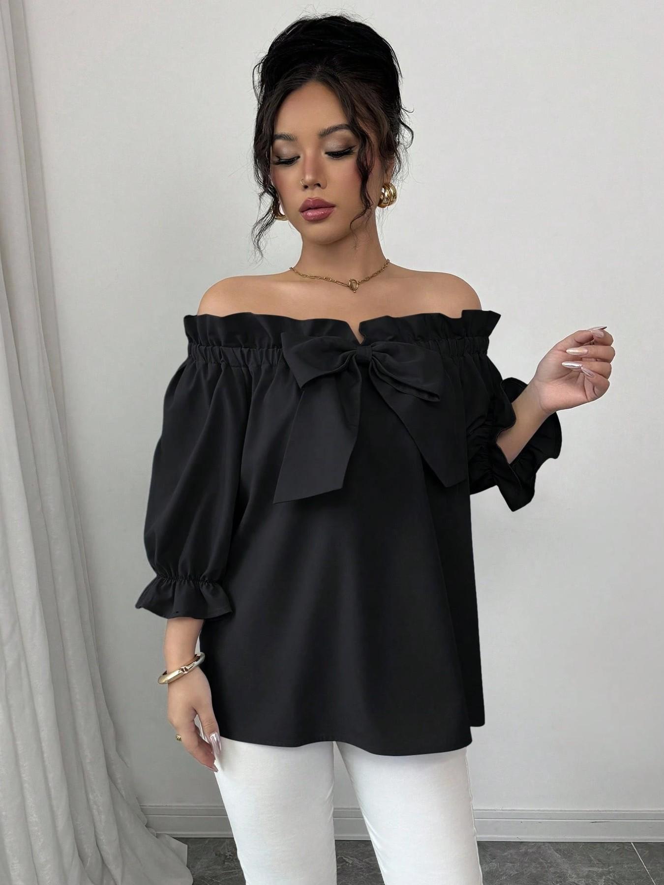 Women's Casual Chic Everyday Fashion Top with Bowknot Decoration, Versatile Fitted One-Shoulder Blouse for Valentine's Day, Dates, Commuting, Vacation