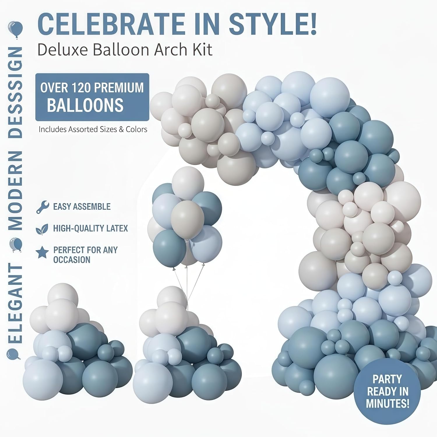 168 -  Balloon Arch Kit, Blue & Neutral Balloons Set, Includes Balloon Arch Stand Tools for  Shower Decorations & Party Backdrops (Multi - Size)