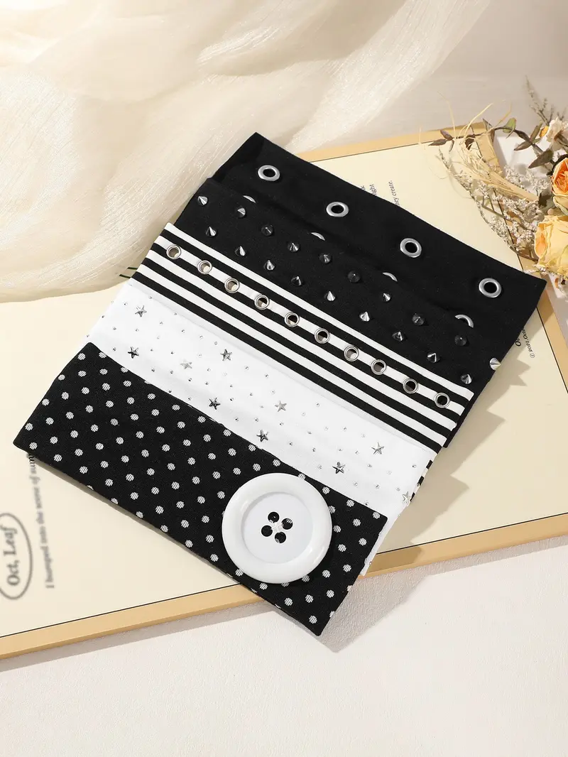5pcs Punk Style Rivet Star Headbands for Women, Fashion Headbands, Striped Elastic Hair Bands, Millennial Chic Polka Dot Button Sports Face Washing Headbands