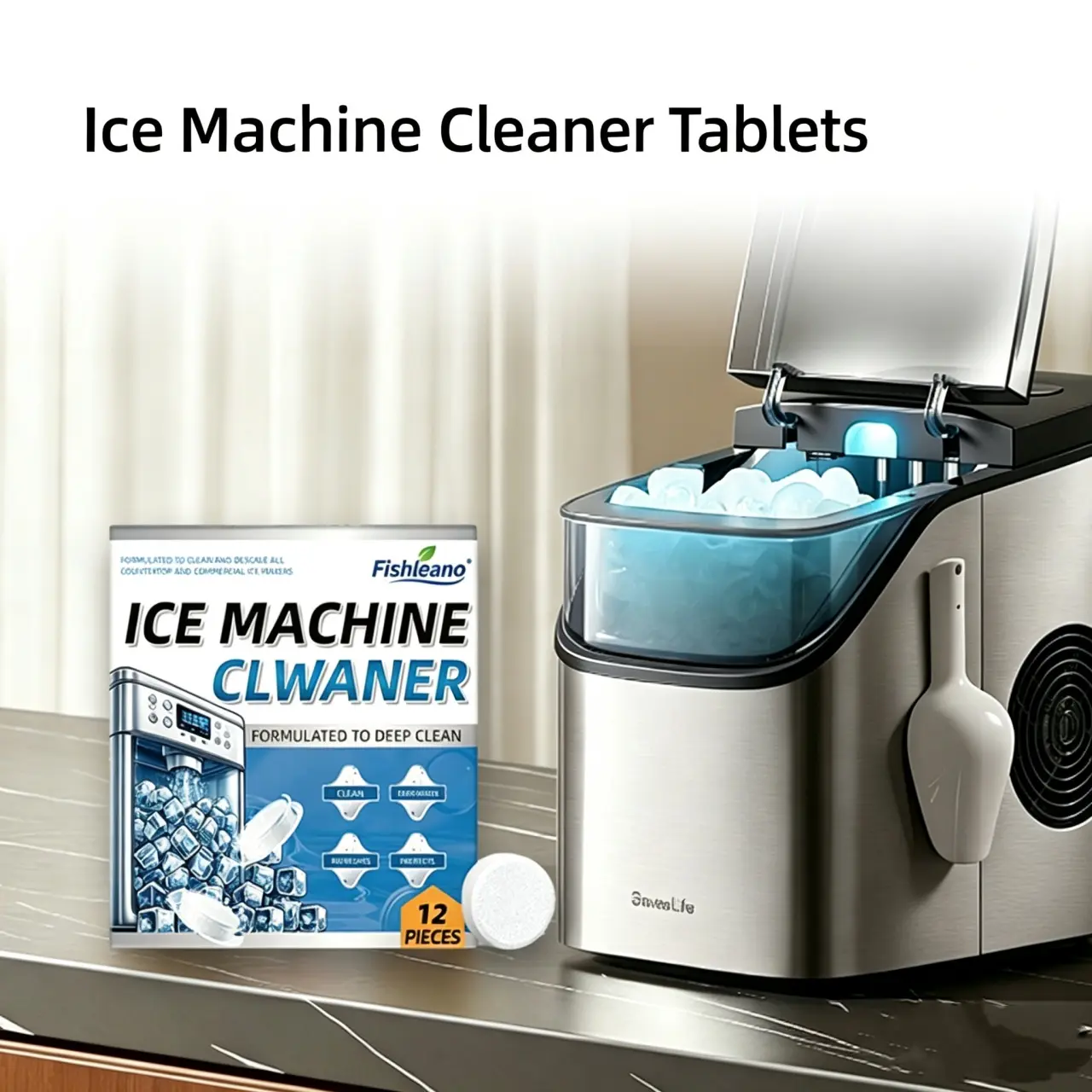 12 Tablets Ice Machine Cleaner Maker Descaler - 12Pcs Clean Tablets Compatible with Frigidaire, Opal, GE Profile, Kitchenaid, Nickel Safe Scale Remover for Countertop, Nugget Ice Makers, Cleaning Products
