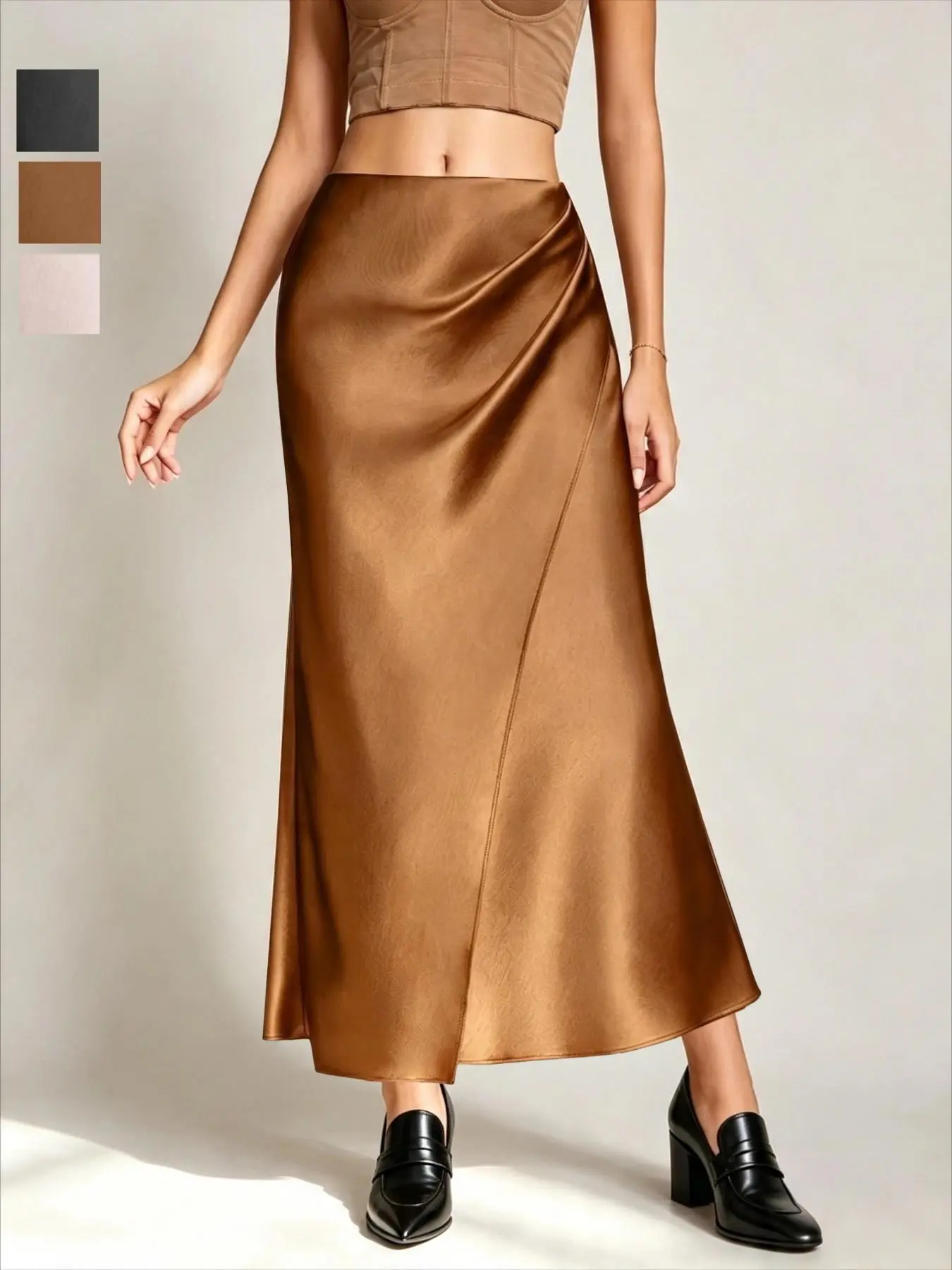 Elegant Pleated Satin Midi Skirt, 2026 New Fashion, Comfortable Elastic Waist, Versatile Solid Color Design for Everyday Wear