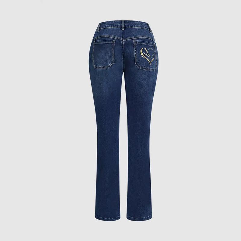 Women's High-Waist Fold-over Jeans, Wide-Leg Full-Length Jeans With An Embroidered Layered Waistband, Vintage-Wash Denim For All Seasons distressed flares Women's High-Waist Fold-over Jeans, Wide-Leg Full-Length Jeans With An Embroidered Layered Waistband, Vintage-Wash Denim For All Seasons distressed flares
