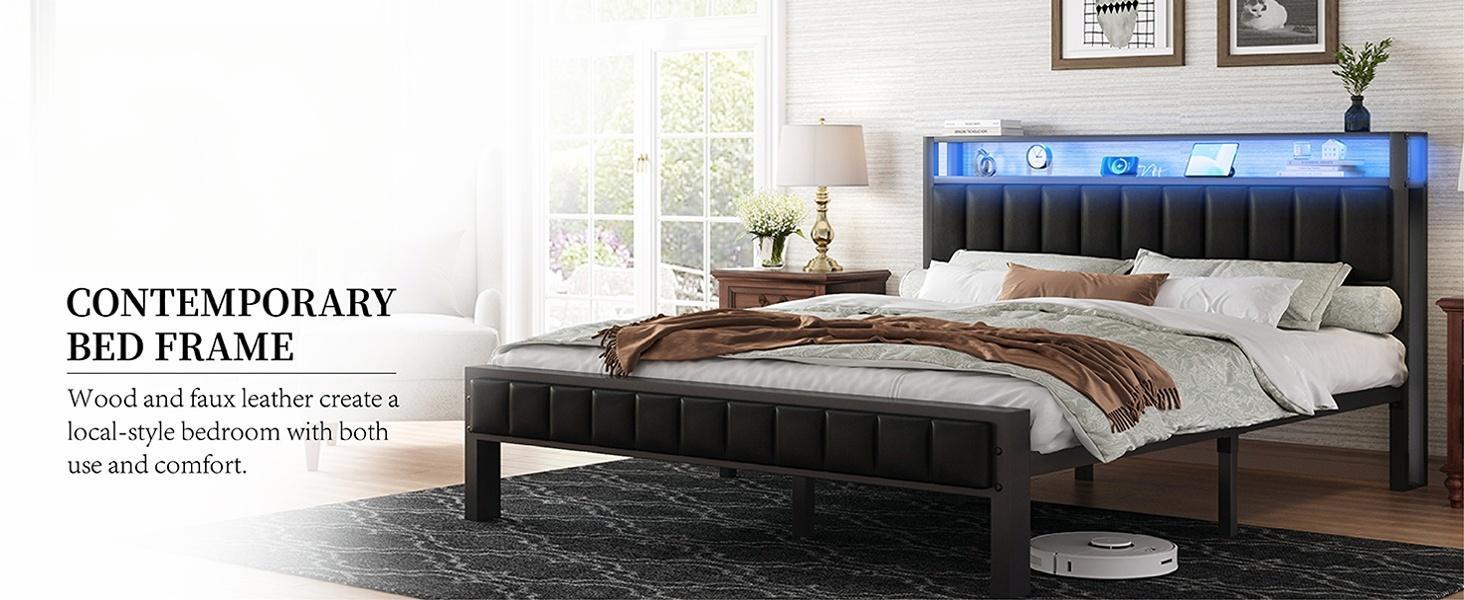 VanAcc Metal Bed Frame with  2-Tier Faux Leather Storage Headboard, Modern Platform Bed with Charging Station and LED Lights, No Box Spring Needed