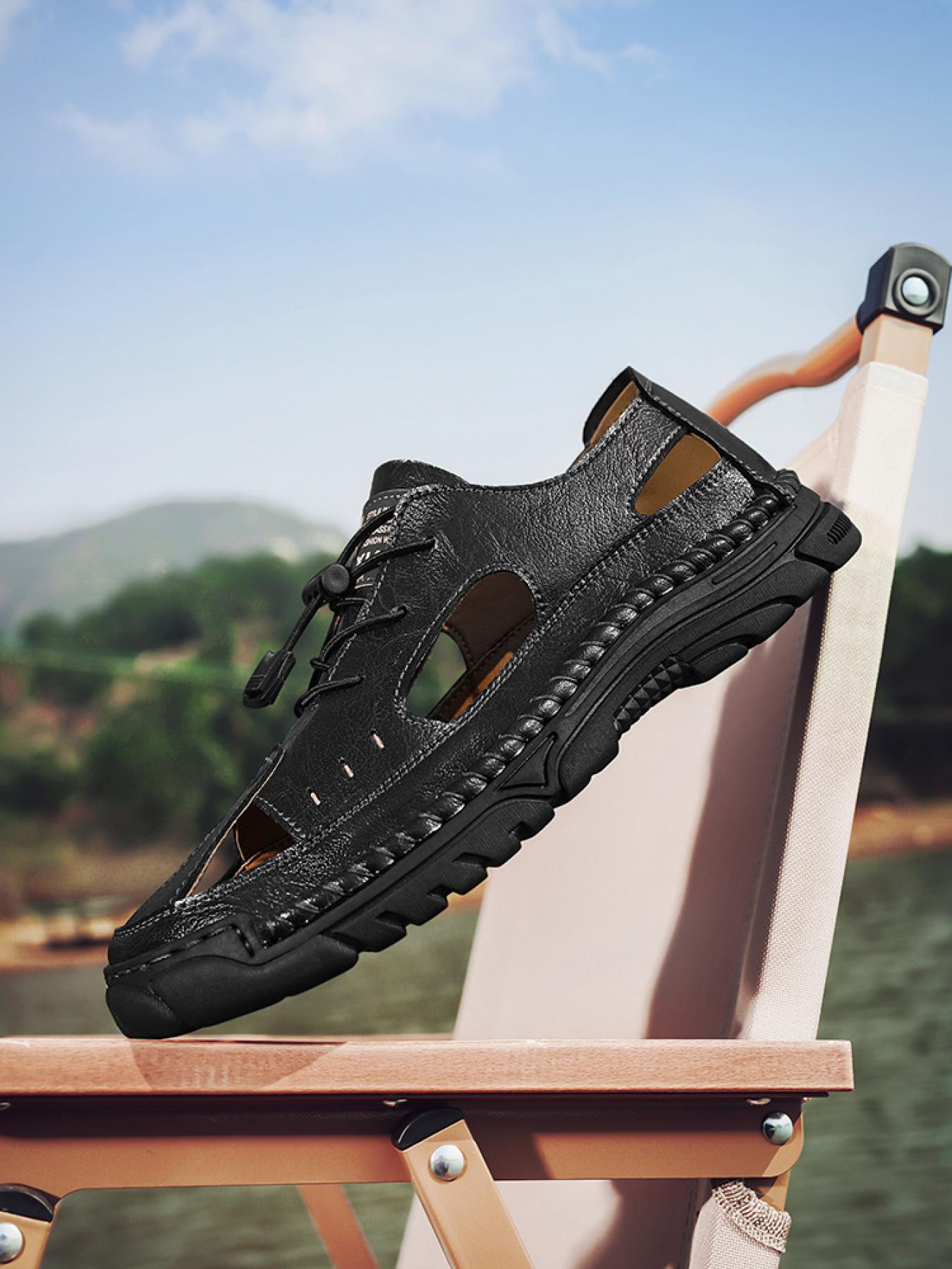 Men's Solid Color Hand-Stitched Closed-Toe Sandals Drawstring Soft Sole Water Shoes Breathable Slip-On Outdoor Beach Shoes