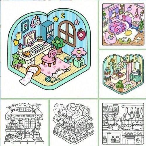 3PCS Coloring Book for Adults and Teens, Super Cute Designs, Hygge Spaces for Relaxation