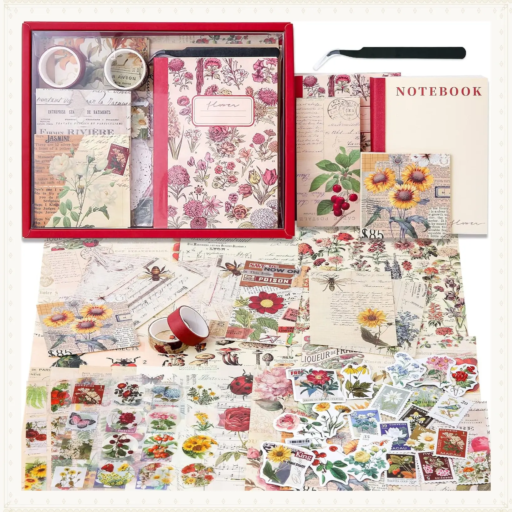 Vintage Aesthetic Scrapbooking Supplies Kit with Botanical Flowers, Bullet Junk Journal Kit, Journaling Supplies, Tweezers, A6 Grid Notebook, Stickers & Stationery – Birthday Craft Gift for AdultsGift