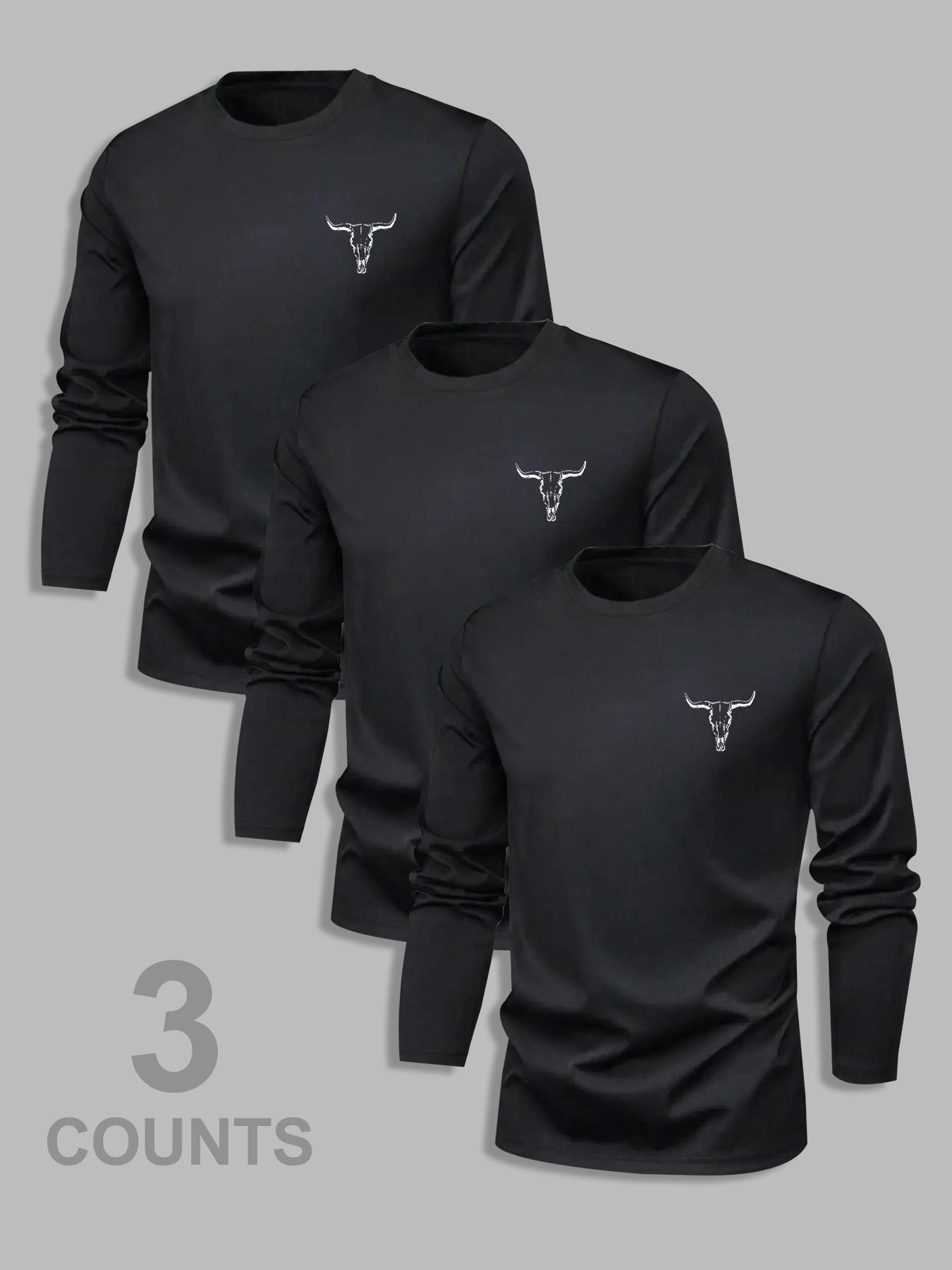 Men's Classic 3-Piece Set with Bull Graphic Pattern Print Long Sleeve T-Shirt, Casual Spring & Fall Layering Top, Fitted Comfortable Attire