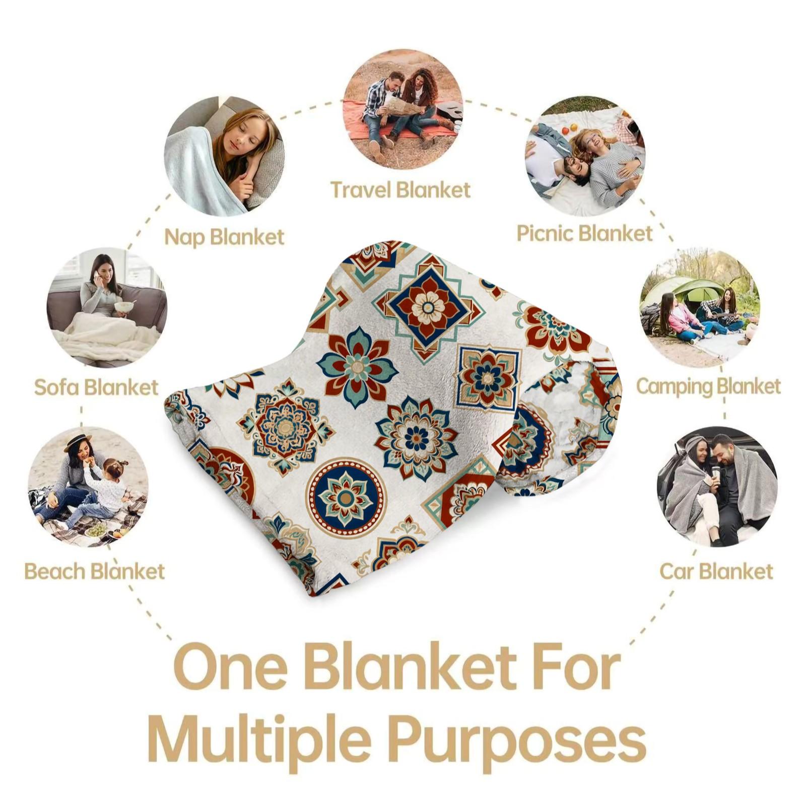 1 Pack Boho Mandala Single-Sided Printed Flannel Blanket, HD Digital Printed Vintage Floral Soft Cozy Blanket, Warm Multi-Use Throw for Sofa, Bedding and Travel, All-Season Ideal Gift Blanket