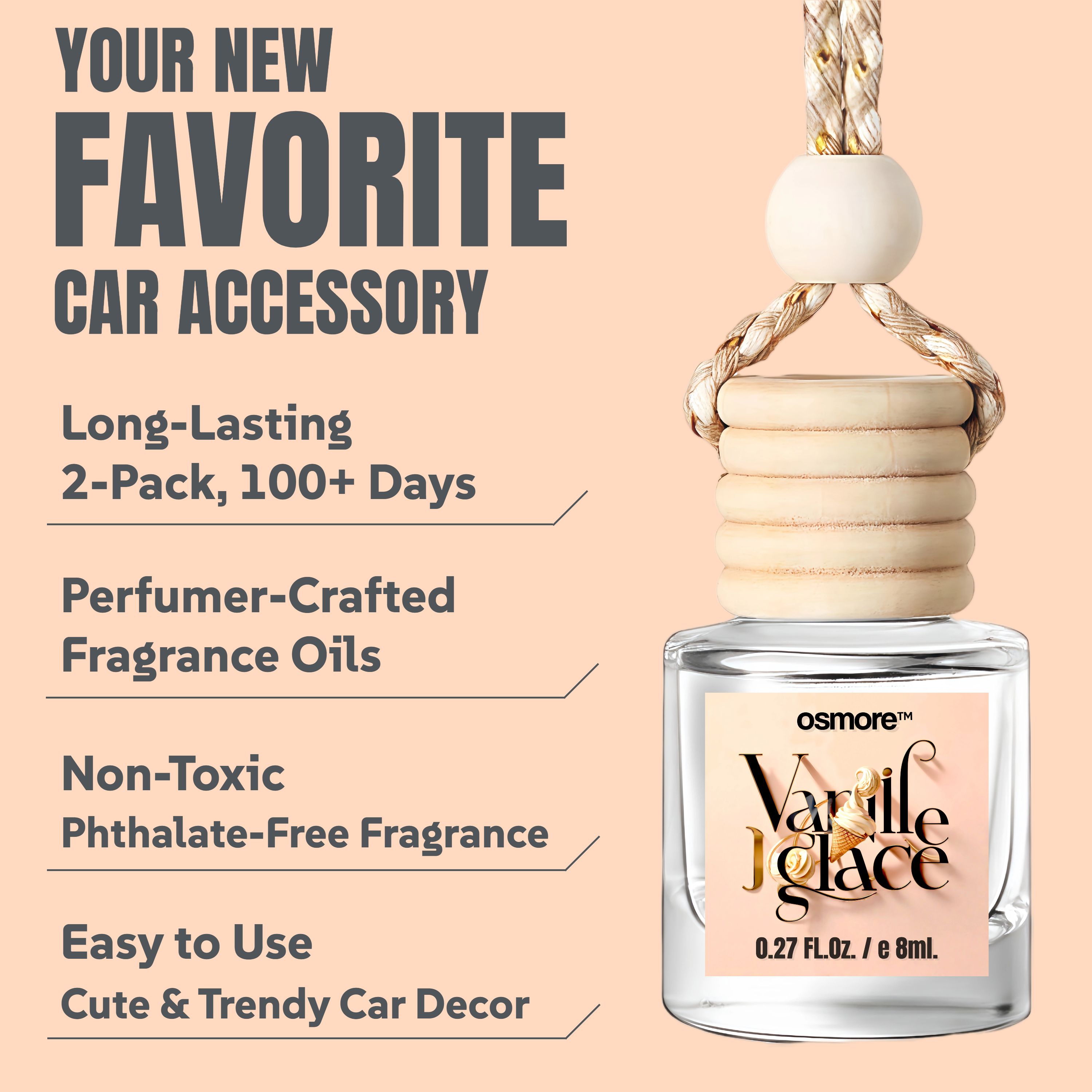 Vanilla Hanging Car Air Freshener – Long Lasting Essential Oil Diffuser for Car, Closet, Bathroom – 2-Pack Natural Scent Deodorizer