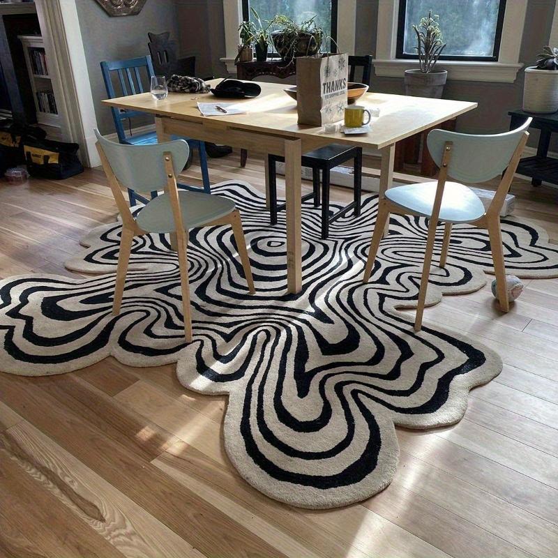 1 Piece of Abstract Black and White Striped Carpet Large-area Special-shaped Living Room Plush Rug Modern Minimalist Bedroom Decor Bedside Carpet Home Cloakroom Dresser Carpet Washable Entry Door Anti-slip Floor Mat Abstract Rugs