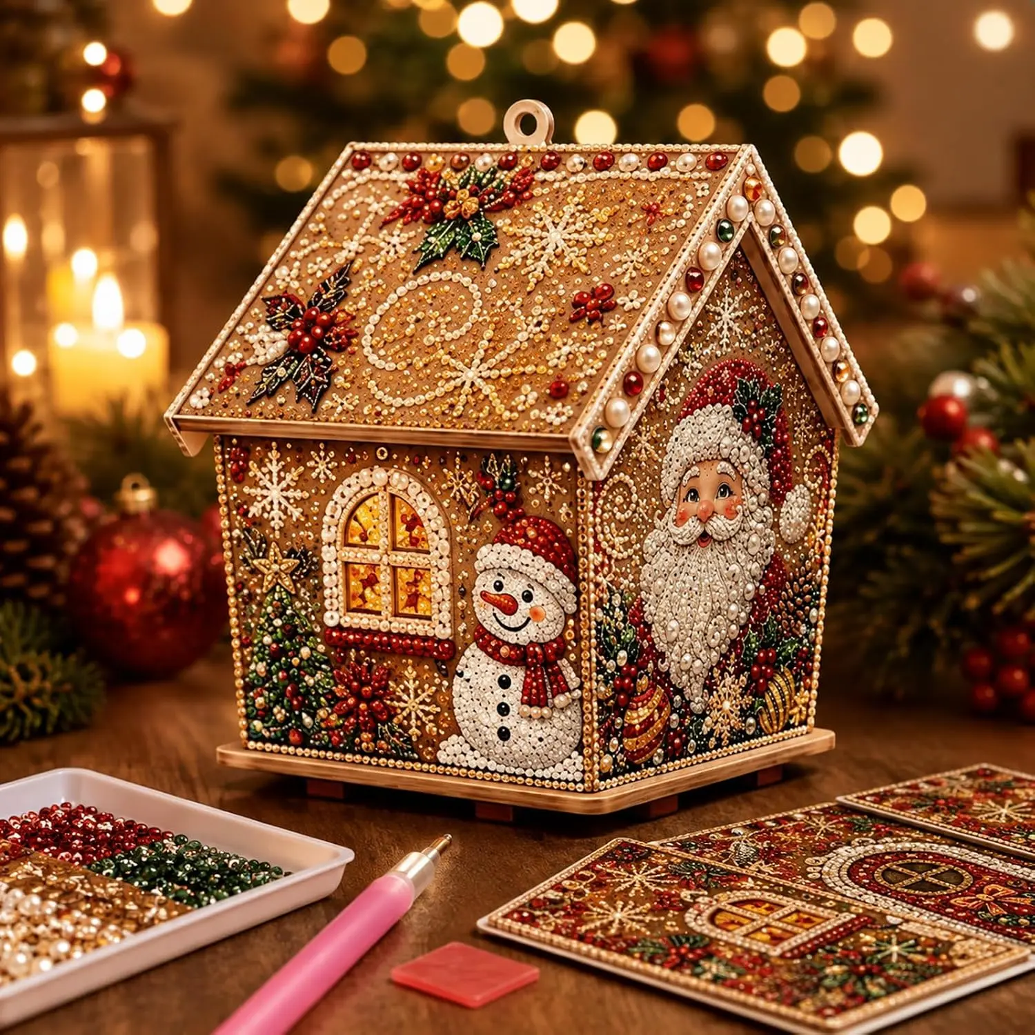 biqikav 3D Christmas House Diamond Painting Kits for Adults, Light Up Wooden Pearl Art Set DIY Holiday Ornaments, Handmade Xmas Tree Decorations Home Crafts Gifts-D