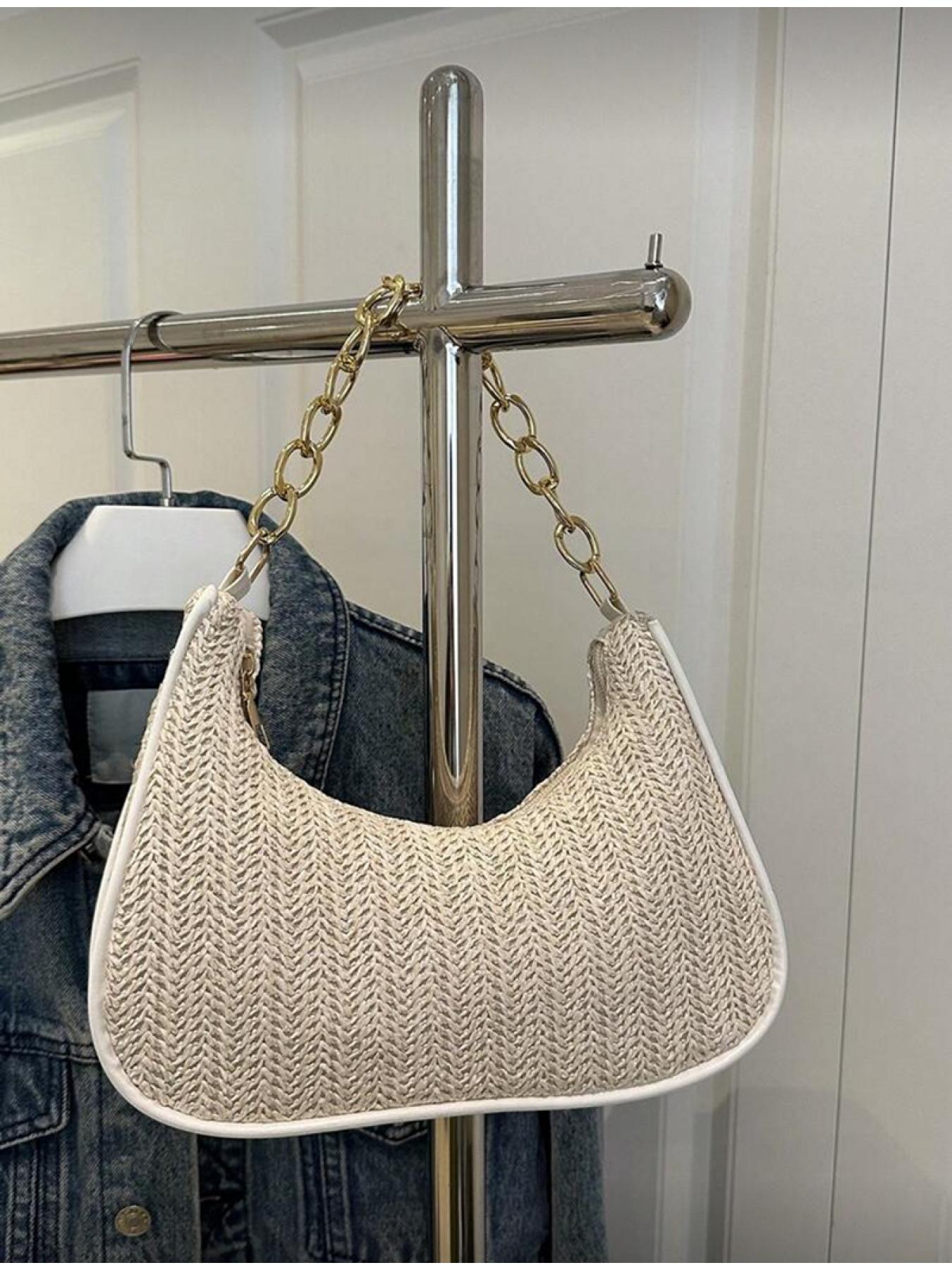 Summer Women Straw Handbag Crescent Shape Metal Chain Tote Beach Bag Casual Multi functional Crossbody Shoulder Bag