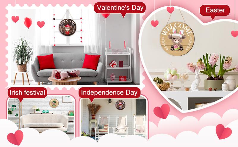 Easter Highland Cow Sign Interchangeable Welcome Sign with Magnet Detachable Hats Cute Cattle Hanging for Easter Holiday Seasonal Western Cow Decorations Birthday Home Wall Living Room Garden Cattle Farmhouse Porch Frontdoor Decor, Gift for Cow Lover