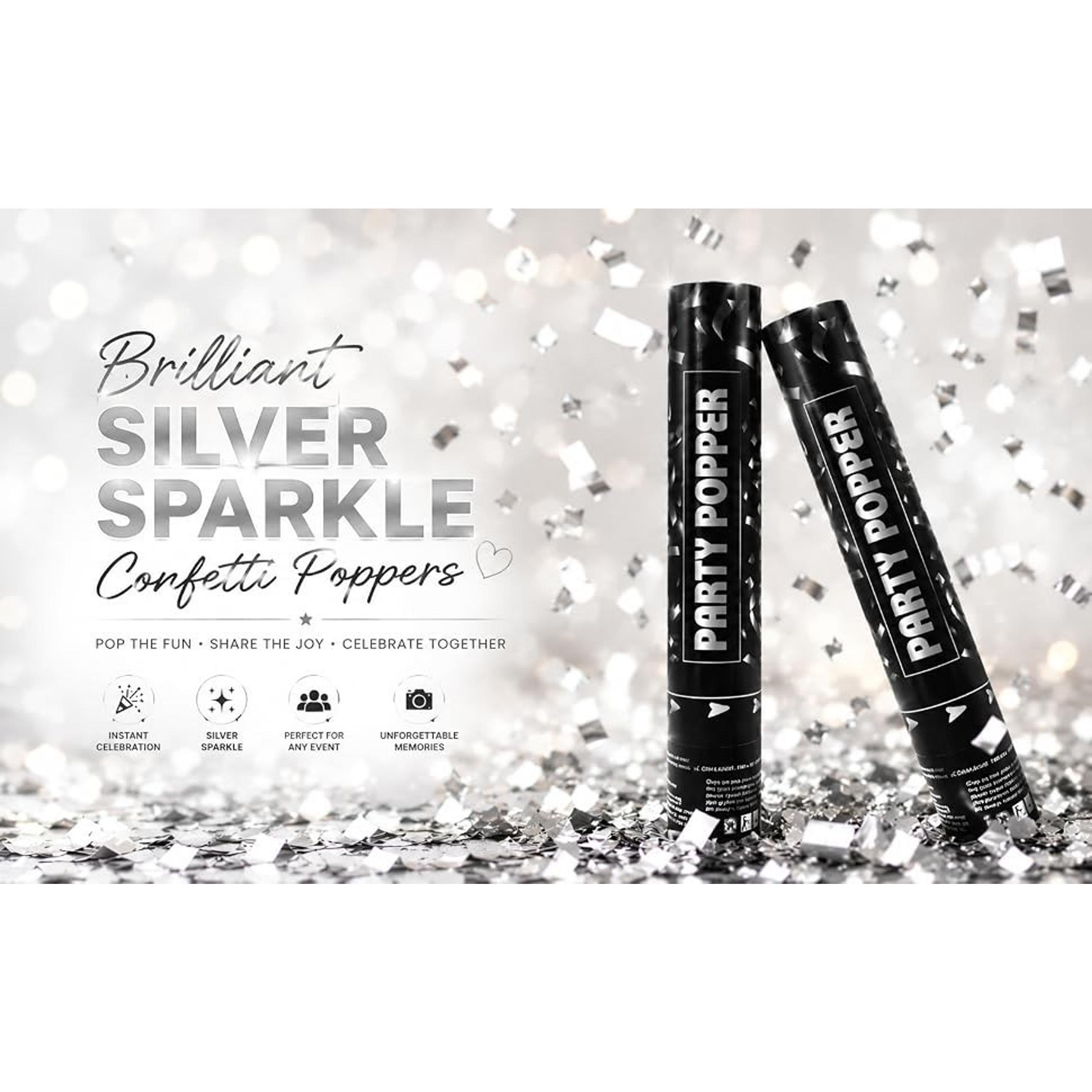 Silver Confetti Poppers 12 Inch Party Cannon 2 Pack Foil Confetti for Wedding Birthday Graduation New Year’s Eve Decorations & Photo Props
