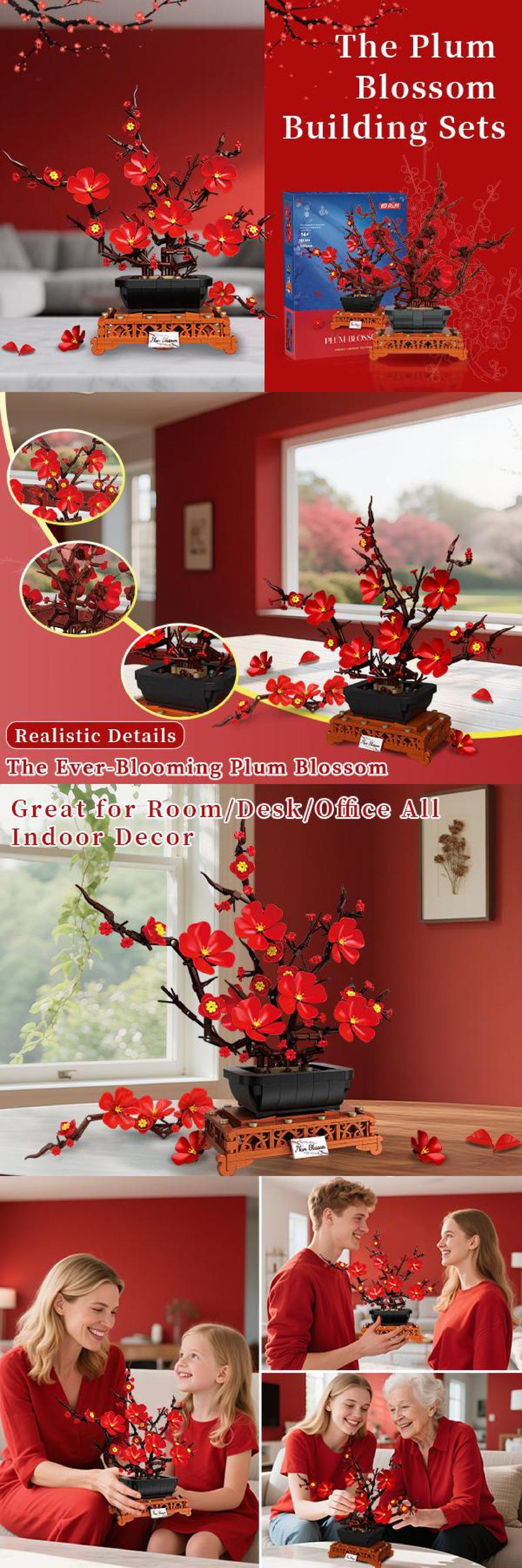 Plum Blossom Bonsai Building Set Valentine's Day gifts Flowers Botanical Collection for Adults Women Girls 14+ Living Room Home Office Decor Red，vdaygift