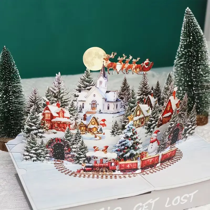 3D Pop-Up Christmas Card, Santa Claus, Reindeer, Snow Village, Moonlit Sky, Holiday Greeting Card, Detailed Illustrations, Festive Design