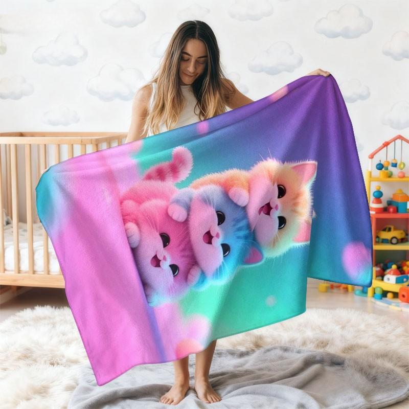 Rainbow Three Cats Pattern Blanket, Soft Warm Plush, Cute Cartoon Design, Home Bedroom Essential, Multi-Purpose