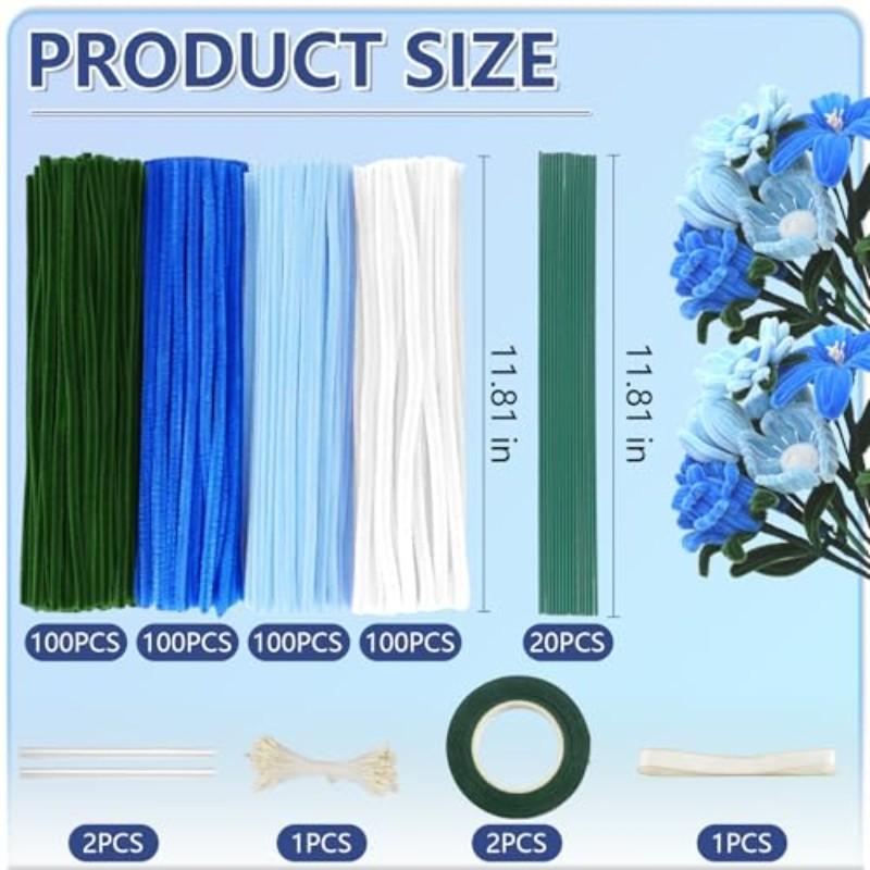 400 Root Cleaning Strips Set, 4 Colors Assorted, DIY Flower Making Kit, Includes Floral Wire, Garden Tape, Stamen, Ribbon, Chenille Strip Blue