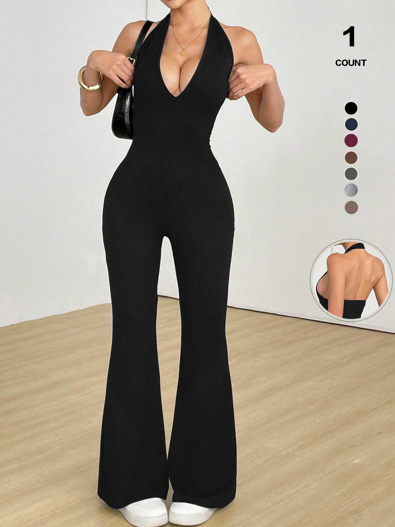 Women's Halter Neck Jumpsuit, Sleeveless Deep V Backless Chic Design, Flare Leg Romper for Casual Wear