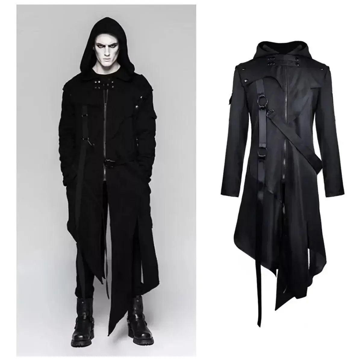 Medieval Steampunk Assassin Elves Pirate Costume Adult Men Black Long Split Jacket Gothic Armor Leather Coats
