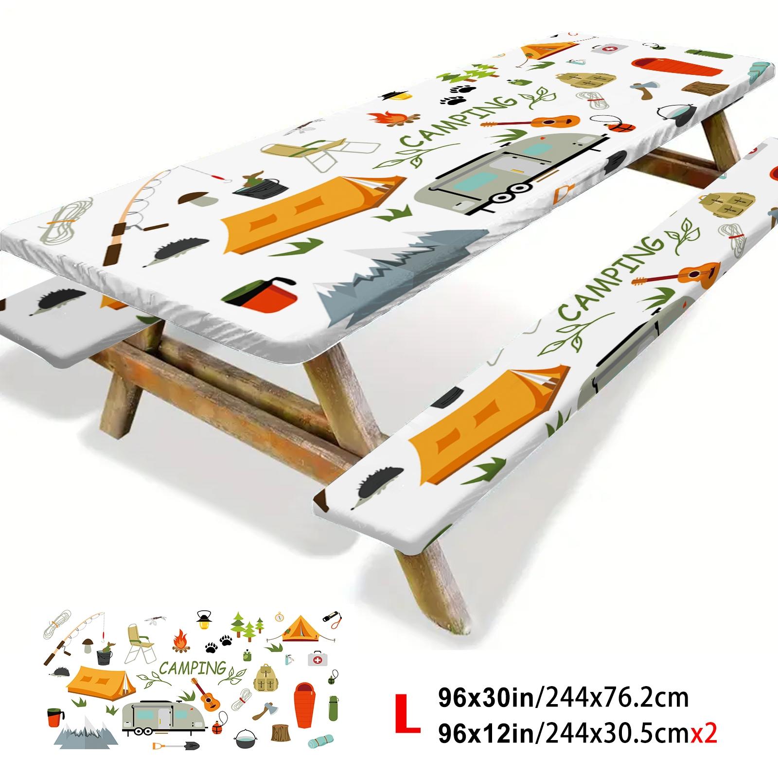 3pc Party Camping Yard Tablecloth Set, Beach RV Vacation Scene, Elastic Stretch Cover, Windproof Rectangular Tablecloth, Outdoor Picnic BBQ
