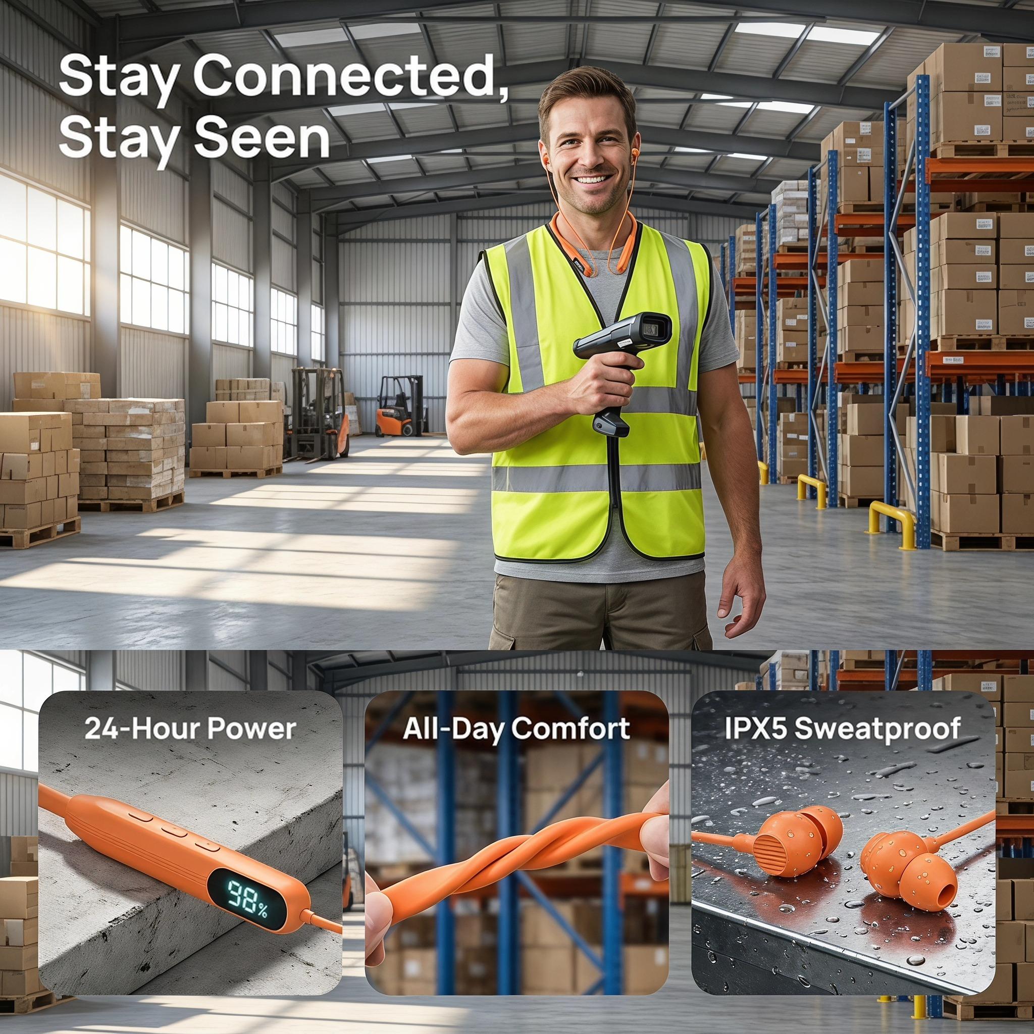 Bright Orange Hi Vis Neckband Bluetooth Earbuds, LED Digital Power Screen, IPX5 Sweat Resistant, 48H Long Playtime, Built-in Microphone for Hands-Free Calls, Dual Device Pairing, Touch Control Headphones for Warehouse Workers & Outdoor Work