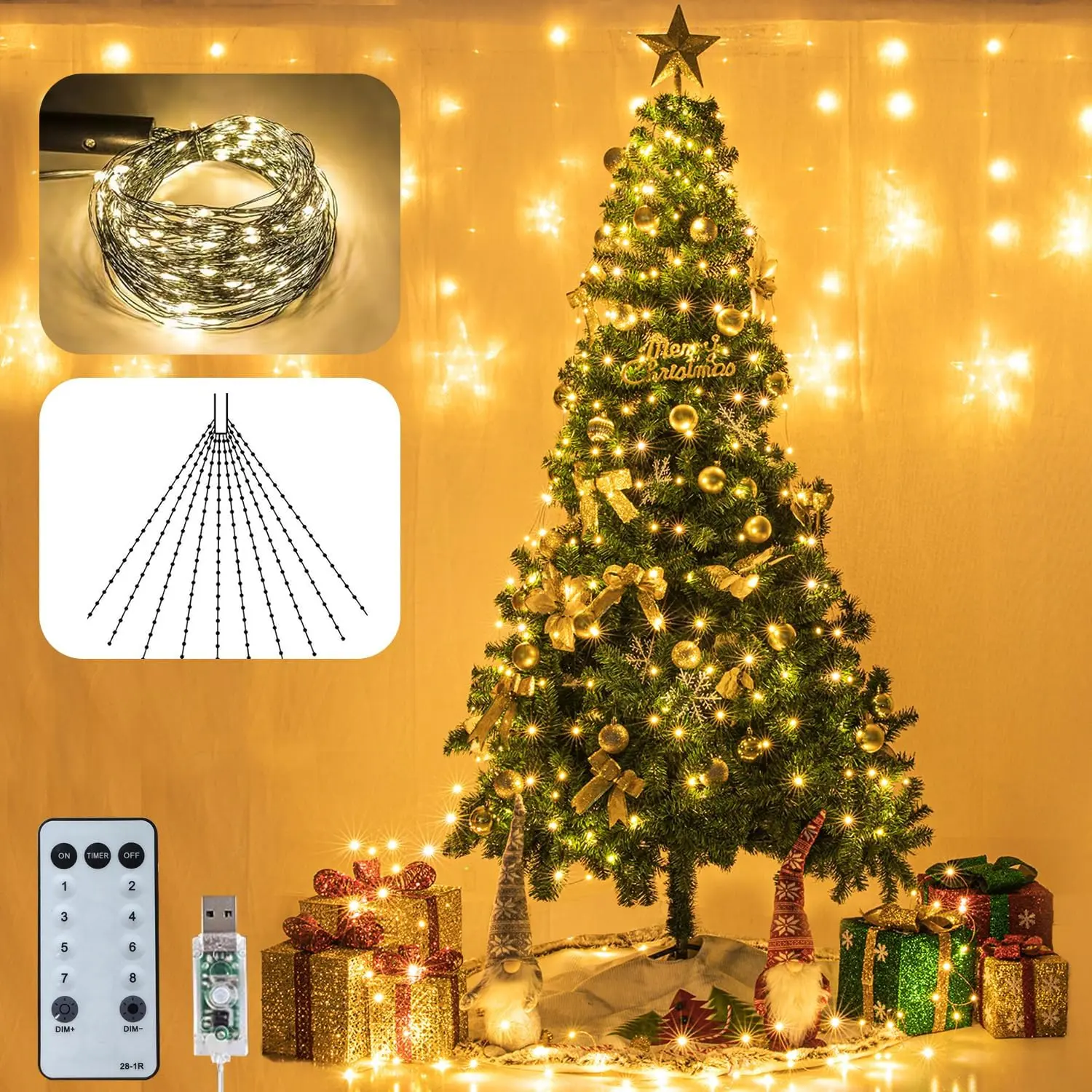 6.6FT 200 LED Christmas Tree Lights LED Cascading Twinkle Lights | Christmas Tree Lights LED 8 Modes Remote Control Fairy Lights USB  for Tree Wedding Party  Christmas Decoration
