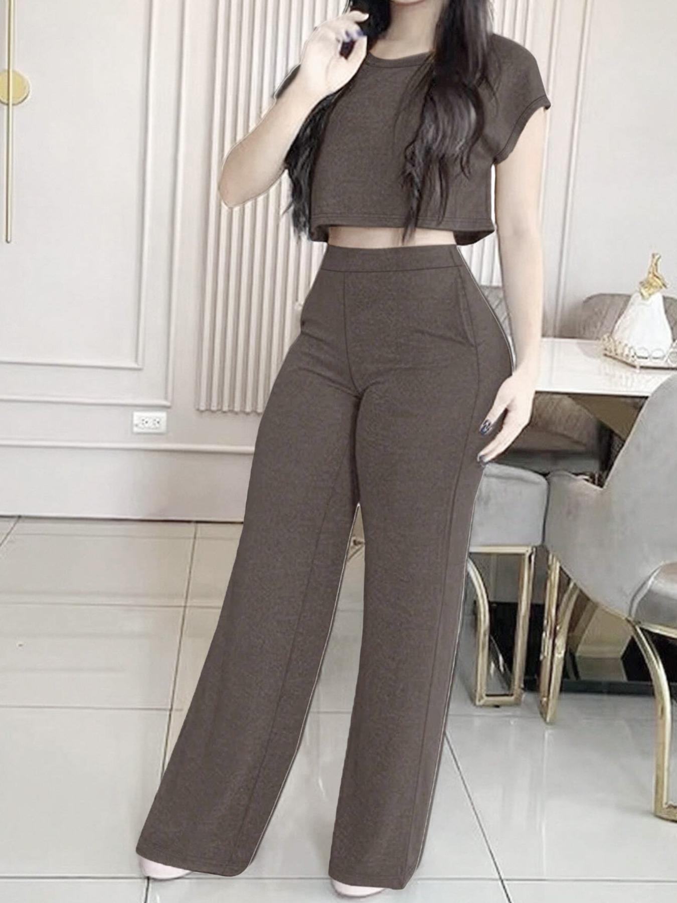 Women's Casual Elegant Solid-Color Suit Set, Short Top & High-Waisted Pants with Pockets, Comfortable Sporty Two-Piece