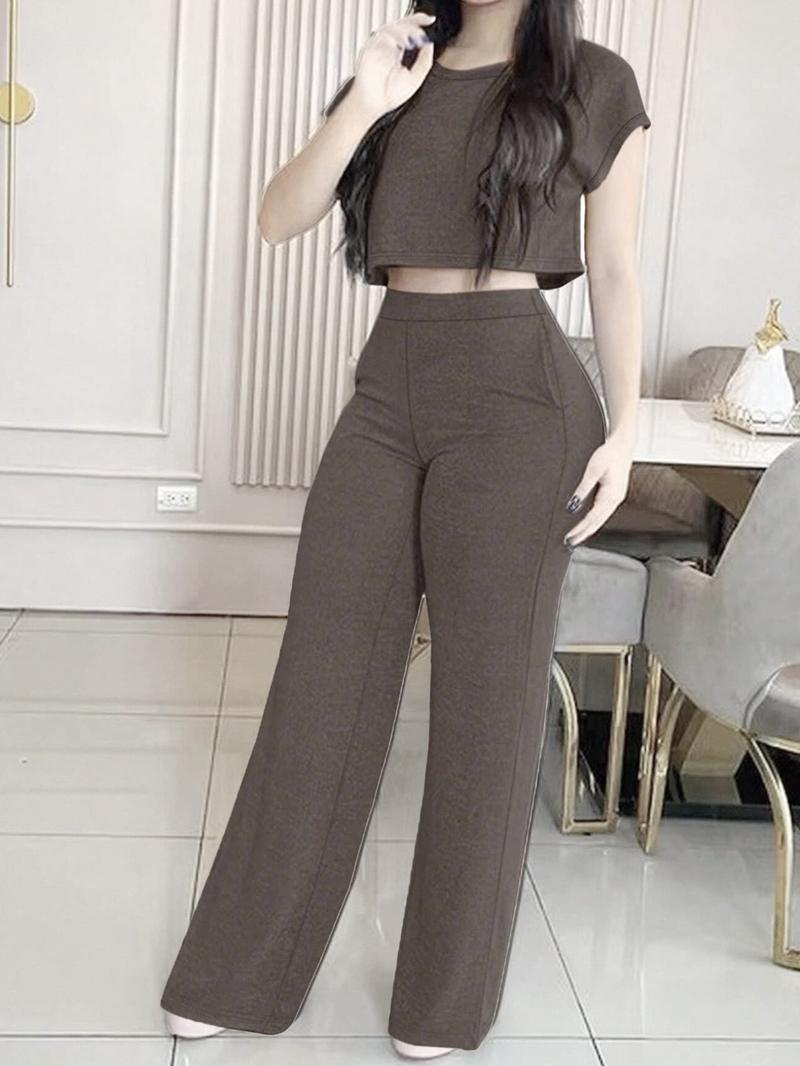Women's Casual Elegant Solid-Color Suit Set, Short Top & High-Waisted Pants with Pockets, Comfortable Sporty Two-Piece