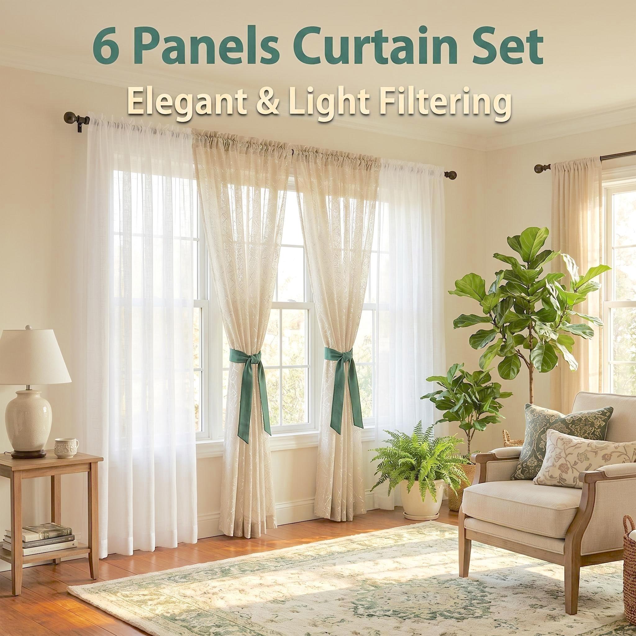 6-Panel Rod Pocket Window Drape Set (52"x84") - Durable, Dustproof, Breathable, Anti-Shrink, Fade-Resistant Flat Weave, 4 Foil Silver Metallic Sheers, 2 Linen Texture Chenille Semi-Sheers, Easy Installation, for Bedrooms/Living Rooms (FT5001 L39), Rust