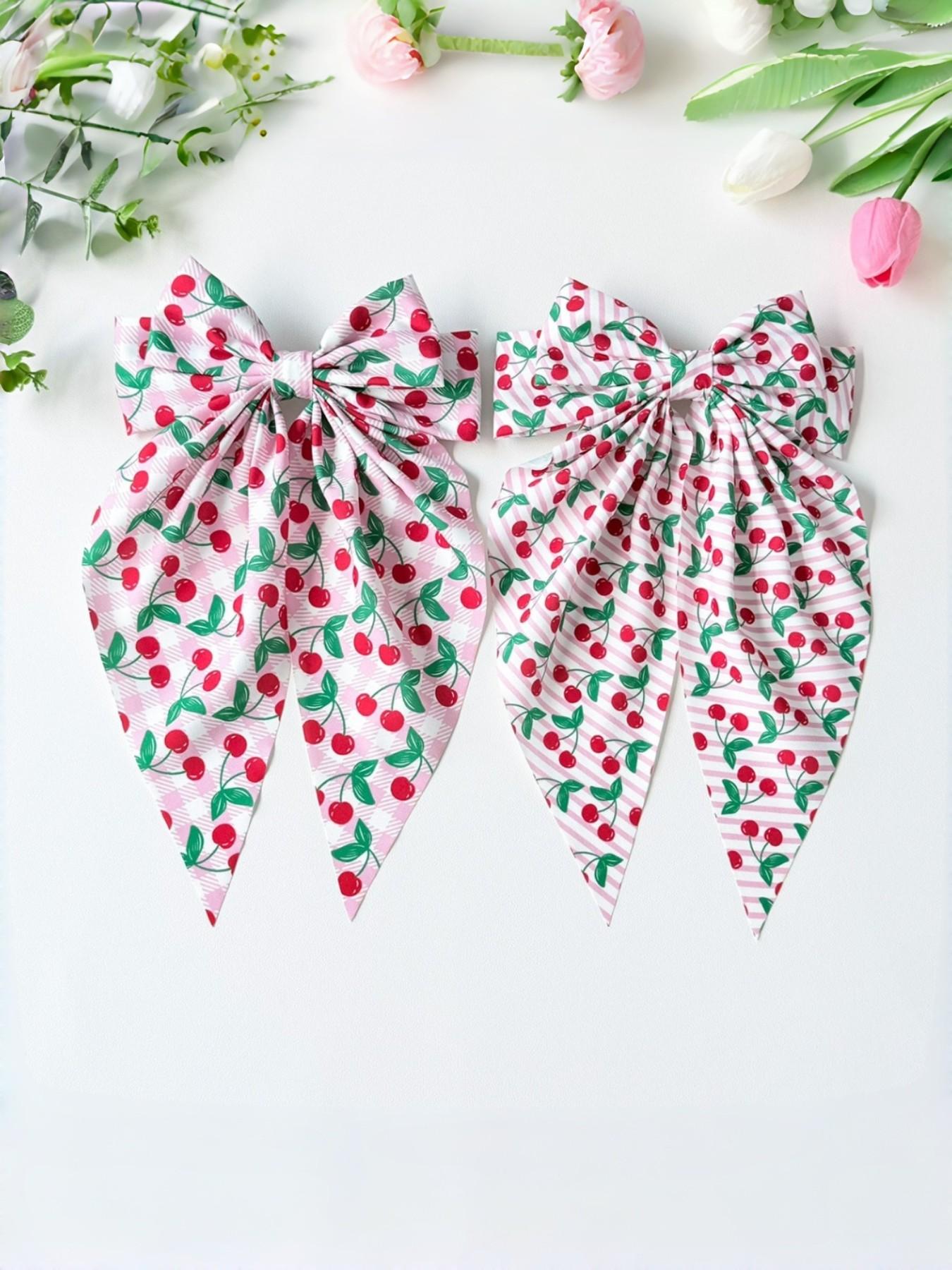 4pcs Women's Cherry Bow Hair Clips, Spring Clips, Fruit Pattern Print, Cute Style, High Elasticity, Non-Slip, Daily Wear, Photo Props