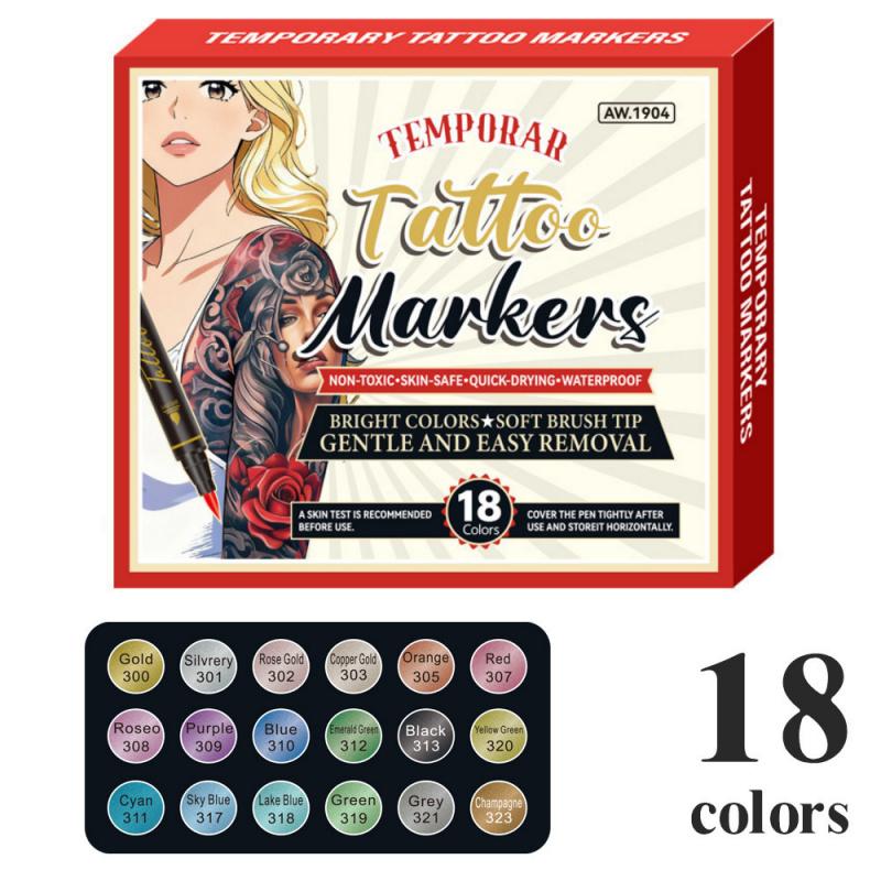 Temporary Tattoo Markers,10/12/18/24 Colors Metallic Markers,Tattoo Stencil, Cosmetic Tattoos Pens,Flexible Brush Tip, Bright colors, Face Paint Kit Cosmetic Quality,Christmas gifts
