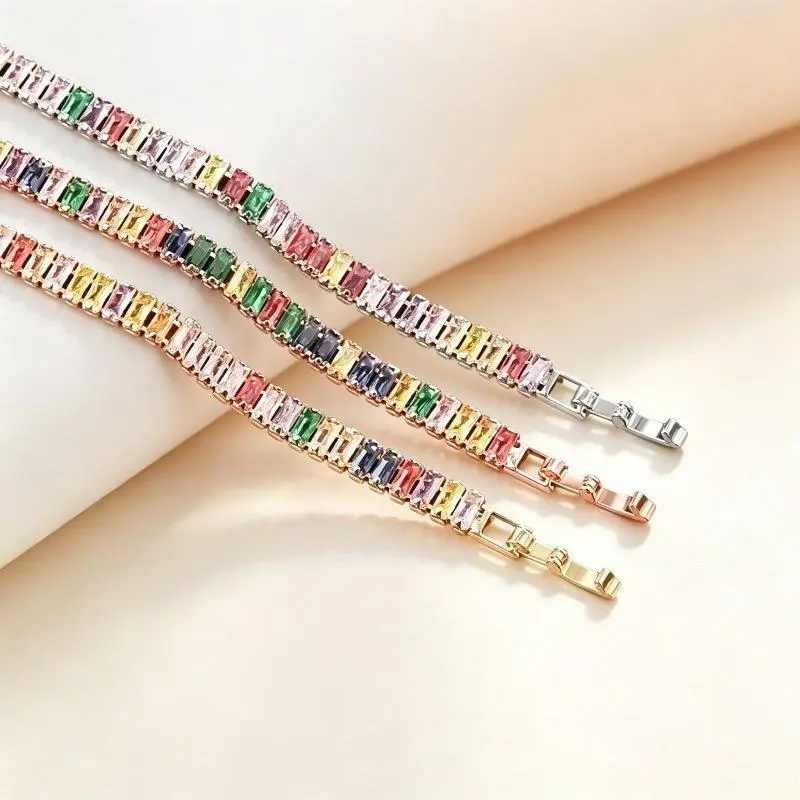 Women's Rainbow Tennis Bracelet with Baguette Cut Crystal, Stackable Multi-Tone Metal Jewelry for Club or Casual Wear, Cubic Zirconia, Club Night Outfit