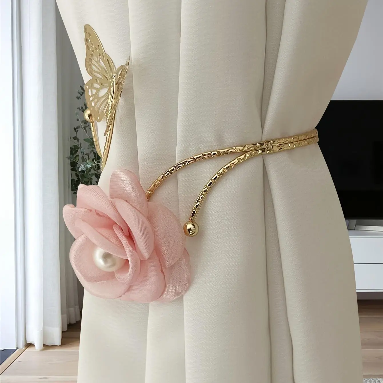 ABS Adjustable 3D Butterfly Flower Pearl Curtain Hook - 1pc No-Punching Curtain Tieback, Made of ABS Adjustable Hook for Living Room/Bedroom Home Daily Use Soft Decoration, Soft Abs, Butterfly Shape