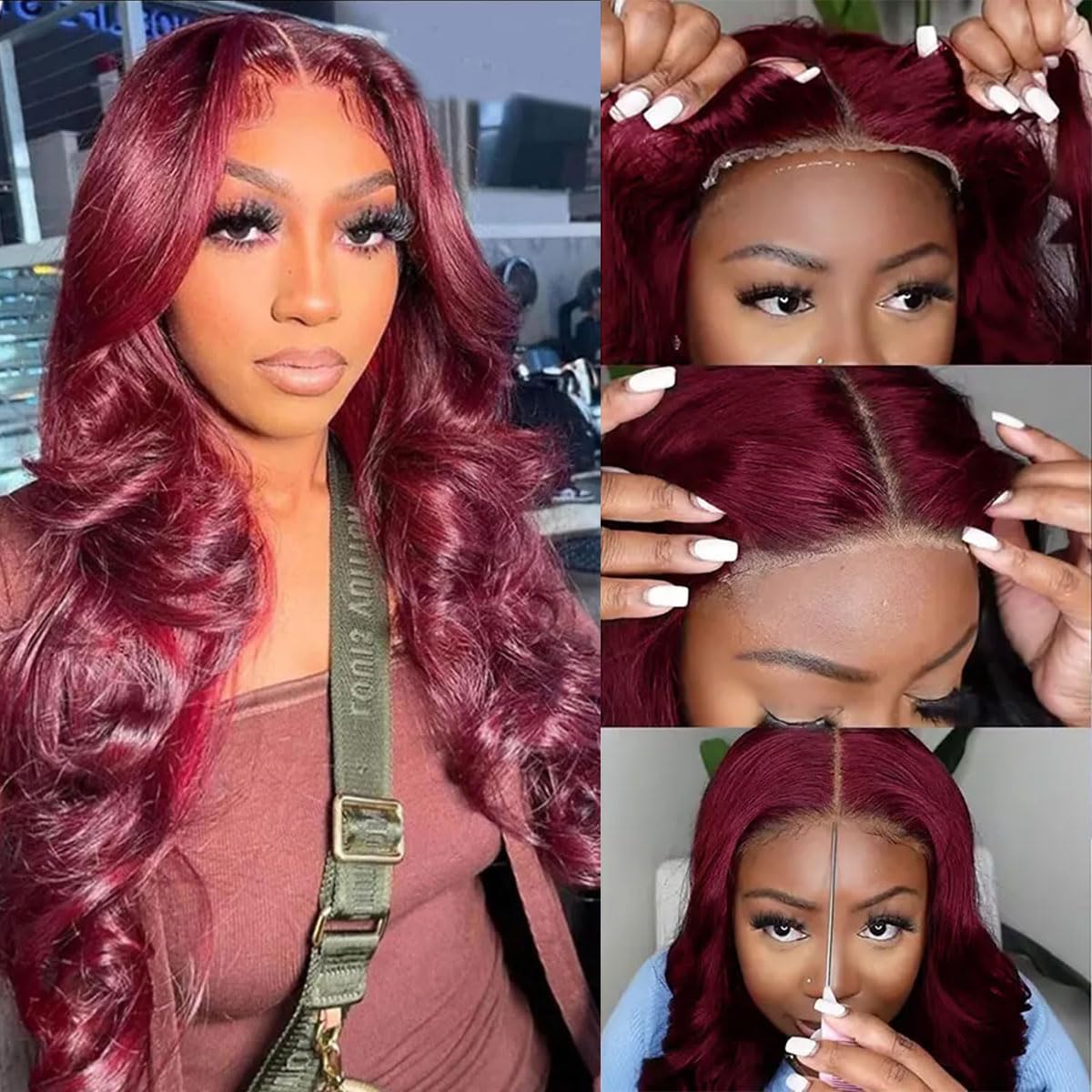 Bling Hair Body Wave 99j Burgundy 5x5 Lace Closure Wigs Real Hair Wear and Go 180% Density Glueless Burgundy Red Wig Real Hair 99j Lace Wigs for Black Women