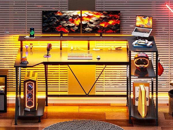 Sikaic 55 Inches Large PC Gaming Desk with LED Lights and Storage Shelves Monitor Stand Power Outlets Cup Holder Black Modern FathersDayGift Console Game